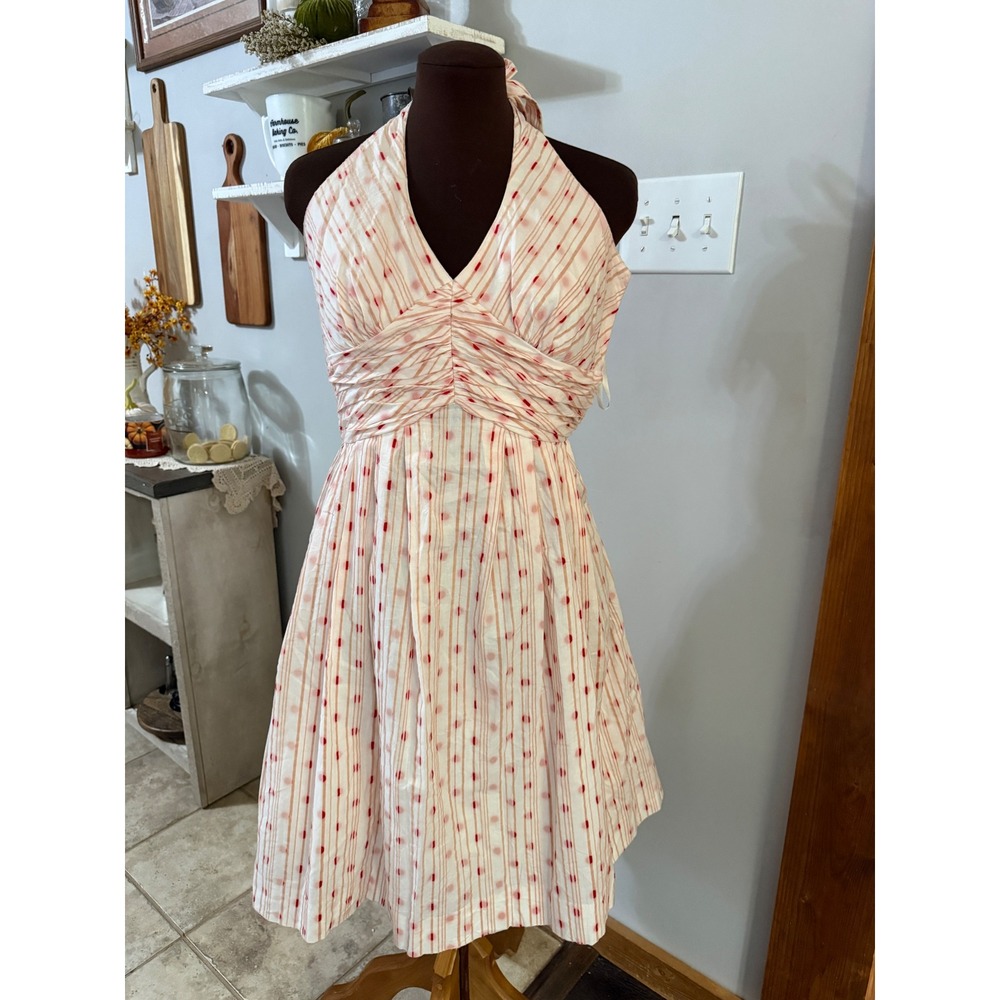 Moulinette Soeurs Halter Dress 8 White Red Dotted Stripe Summer Retro
